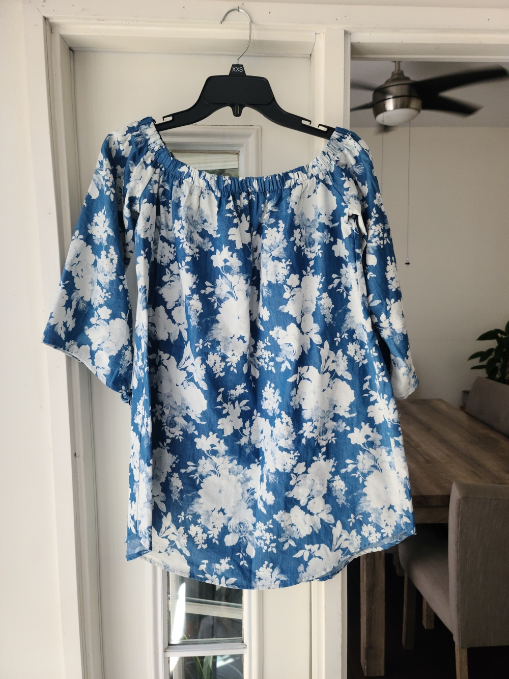 Blue Floral Off-Shoulder Peasant Blouse